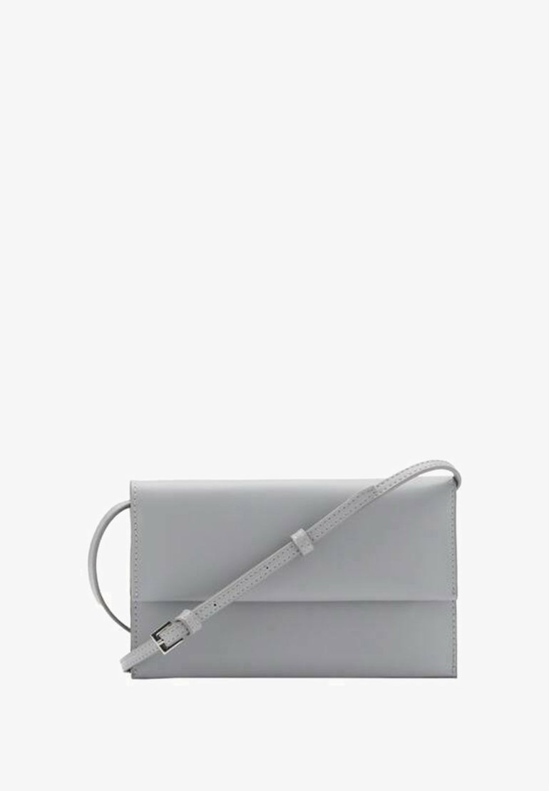 Gray leather handbag with a rectangular shape, a detachable strap, and a sleek, smooth texture. Features subtle stitching and a side handle.