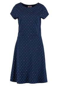 Mörkblå jerseyklänning med korta ärmar, rund halsringning och utsvängd kjol; har små, spridda blommönster och ankar-mönster.