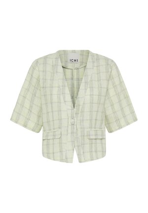 Blazer à manches courtes à carreaux vert clair avec col à encoches, fermeture à un bouton et deux poches à rabat à l'avant.