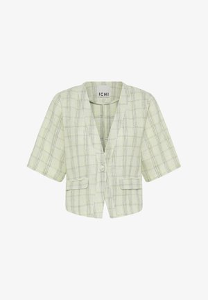 Blazer à manches courtes à carreaux vert clair avec col à encoches, fermeture à un bouton et deux poches à rabat à l'avant.