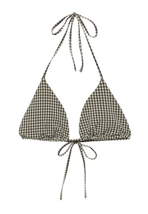 Sort-hvid ternet trekant-bikini top med halterneck og bindelukning foran og bagpå.