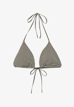 Čiernobiele kockované trojuholníkové bikiny s halter krkom a zapínaním na viazanie vpredu a vzadu.