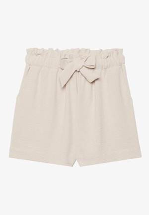 Shorts beiges avec une taille élastique froncée et un détail en forme de nœud. Comprend deux poches latérales et une texture de tissu lisse et douce.