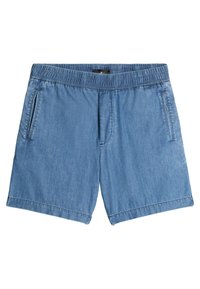 Shorts in denim con cinturino elastico, due tasche laterali e una vestibilità rilassata; colore azzurro chiaro, texture liscia e orlo pulito.