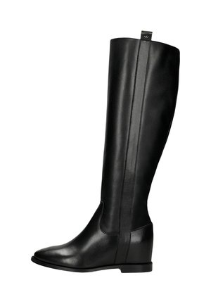 Knöchelhöhe schwarze Lederstiefel mit glatter Struktur, spitzer Zehe, flachem Absatz und dezenten vertikalen Nähten an den Seiten.