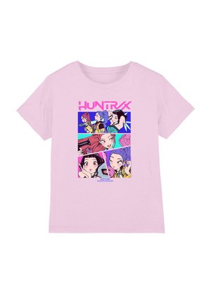 Light pink short-sleeve t-shirt featuring graphic prints of various characters with vibrant colors and playful designs, labeled "HUNTRAX."