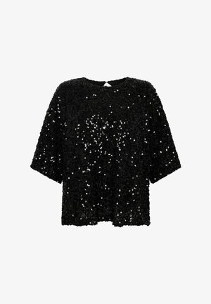 Top negro de manga corta cubierto de lentejuelas, con cuello redondo y un corte relajado, que presenta una tela texturizada que crea un efecto brillante.