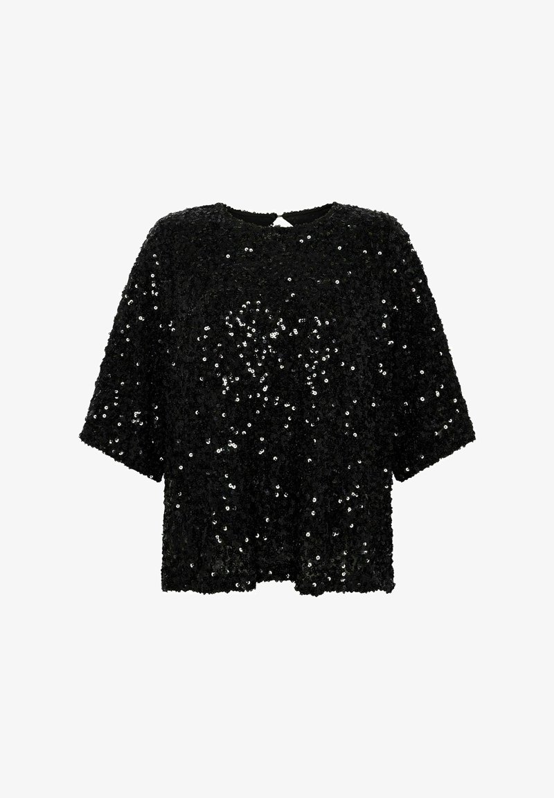 Czarny krótki top z rękawami, pokryty cekinami, z okrągłym dekoltem i luźnym krojem, z teksturowanej tkaniny, która tworzy błyszczący efekt.