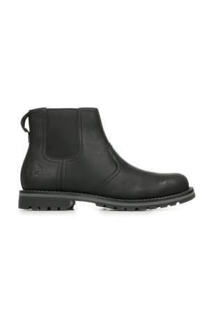 Stivaletto in pelle nera con pannelli elastici laterali, suola grigia a contrasto e linguetta sul tallone. Presenta un logo impresso sul lato.