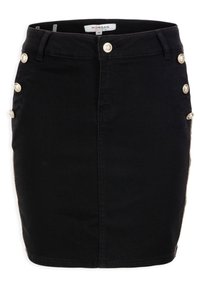 Zwarte denim rok met een getailleerde vorm, voorzien van goudkleurige knoopdetails aan de zijkant, riemlussen en een rechte zoom.