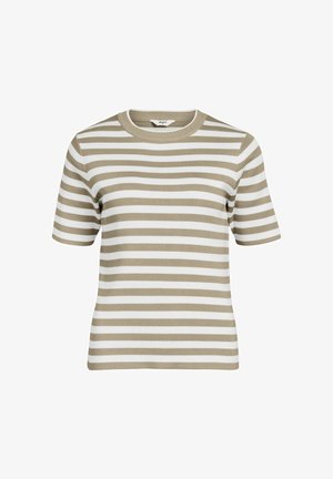 Juostuota trumpomis rankovėmis tunika cielos ir baltos spalvos. Raukšlėta tekstūra, apvalus iškirpimas ir prigludusi siluetas. Be papildomų dekoracijų.