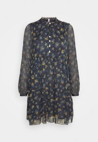 Robe fluide bleu marine avec motif floral en orange et vert, matériau transparent, manches longues, col rond et patte de boutonnage à l'avant.