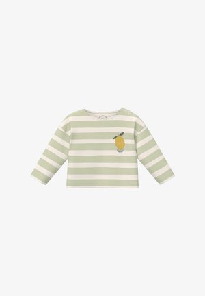 Green and white striped long-sleeve shirt with lemon graphic and "Squeeze the Day" text, featuring two buttons on the left shoulder.