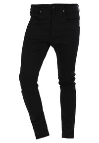 Mustat slim-fit farkut, joissa on klassinen viiden taskun muotoilu, vyölenkit ja sileä pinta.