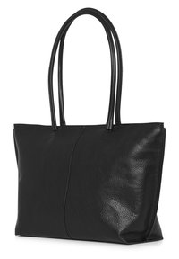 Borsa a tracolla in pelle nera con una superficie texture, presenta due manici allungati e un corpo rettangolare spazioso con dettagli di cucitura sottili.