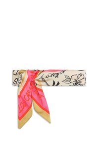 Seidenschal mit einem floralen und grafischen Druck in Pink, Orange, Schwarz und Creme, mit einem gebundenen Knotendetail. Leichter und glatter Stoff.