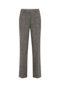 Šedé společenské kalhoty s texturovanou tkaninou, slim fit, rovný střih a plochý přední díl s knoflíkovým zapínáním a poutky na opasek.