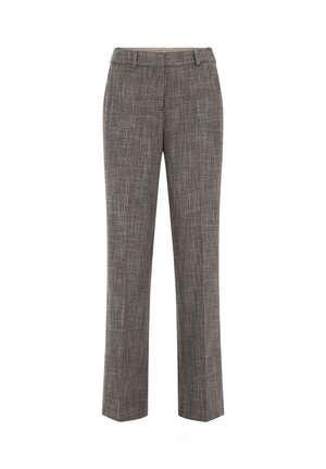 Pantaloni grigi in tessuto testurizzato, slim fit, design a gamba dritta, con fronte piatto, chiusura con bottone e passanti per cintura.