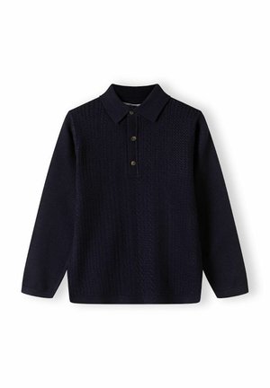Polo shirt à manches longues bleu marine avec un motif texturé, trois boutons marron au col et un design de col classique.