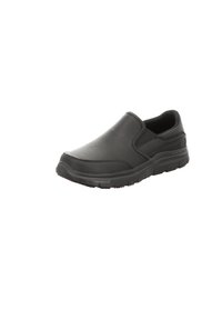 Zapato negro sin cordones con un upper de cuero liso, acentos laterales elásticos y una suela acolchada, que presenta una suela exterior de goma texturizada para mayor agarre.