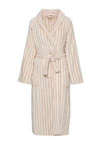 Beżowy szlafrok w paski z długimi rękawami, kołnierzem szalowym, paskiem w talii i dwoma przednimi kieszeniami. Wykonany z miękkiego, pluszowego materiału zapewniającego komfort.