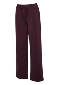 Bordeaux relaxte sweatpants met een elastische tailleband, zijzakken en een klein roze logoaccent op het linkerbeen. Zachte stoftextuur.