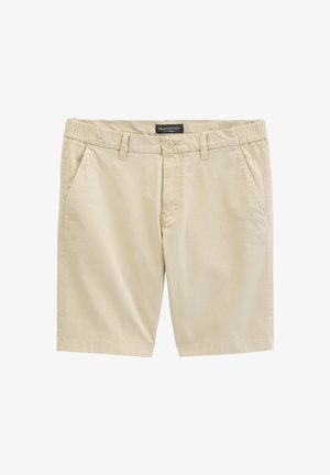 Beige kniehohe Freizeitshorts mit Vordertaschen, Gürtelschlaufen, Knopfverschluss und elastischen Seiten, Marke Marc O'Polo.