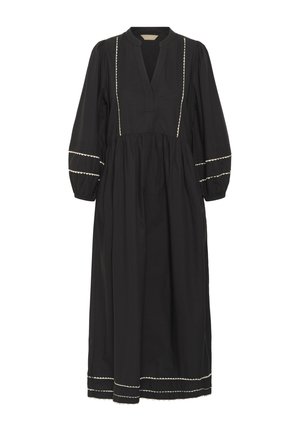 Schwarzes Baumwollkleid mit V-Ausschnitt, Ballonärmeln und weißen dekorativen Nähten entlang der Nähte und des Saums. Fließendes, knielanges Design.