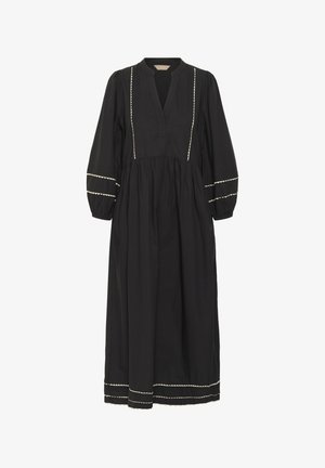 Schwarzes Baumwollkleid mit V-Ausschnitt, Ballonärmeln und weißen dekorativen Nähten entlang der Nähte und des Saums. Fließendes, knielanges Design.