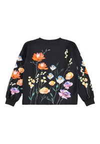 Svart hettegenser med fargerik blomsterprint, inkludert oransje, gule og lilla blomster, med lange ermer og rund hals.