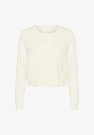 Balti kardigāns no mīksta dzijas auduma, ar apaļu kakla izgriezumu, garām piedurknēm un pogu aizdari priekšā. Saīsināta garuma ar ribotu apakšmalu.