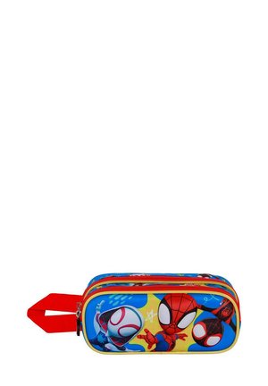 funda de lápices azul con cremallera y asa roja, que presenta personajes de Spider-Man sobre un fondo amarillo y azul, hecha de una tela duradera.