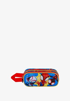 funda de lápices azul con cremallera y asa roja, que presenta personajes de Spider-Man sobre un fondo amarillo y azul, hecha de una tela duradera.