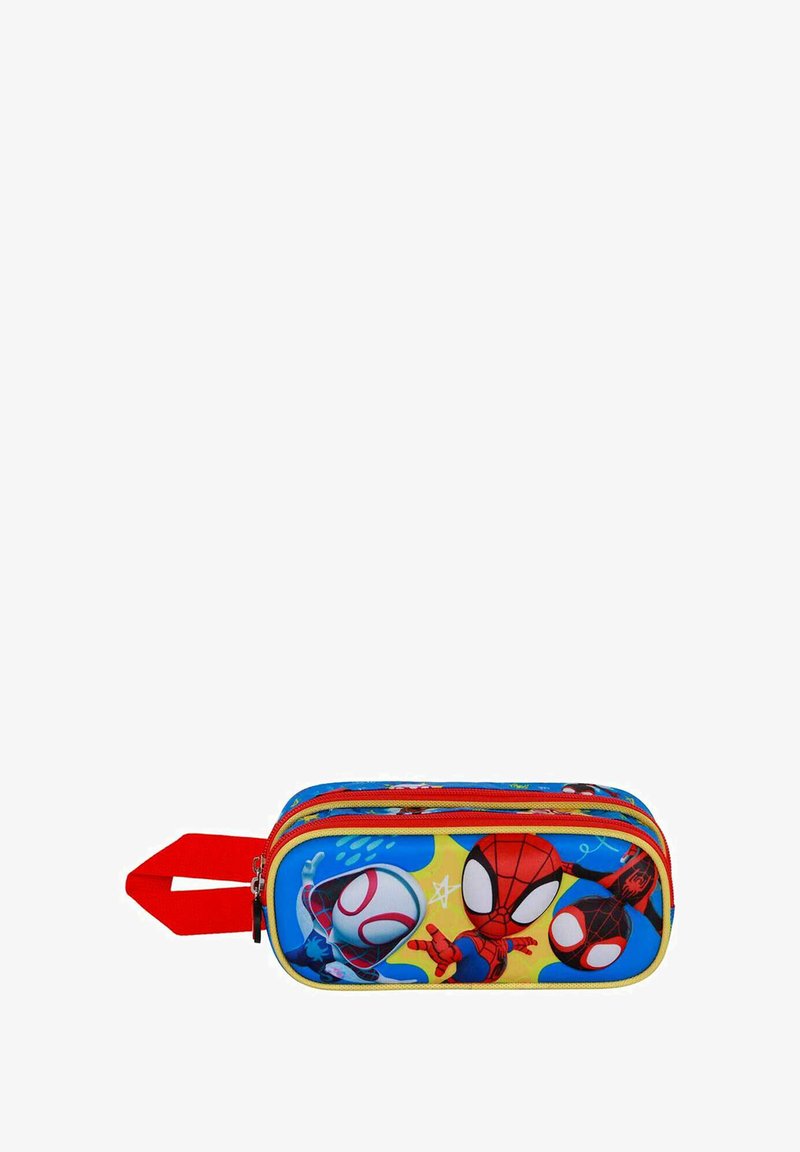 funda de lápices azul con cremallera y asa roja, que presenta personajes de Spider-Man sobre un fondo amarillo y azul, hecha de una tela duradera.