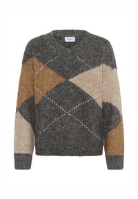 Braun-, Grau- und cremefarbener Pullover mit einem V-Ausschnitt. Mit rhombusförmigen Mustern und strukturiertem Strickstoff. Verkürzte Passform, lange Ärmel.