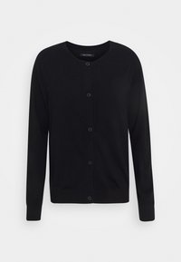 Cárdigan negro con cuello redondo, mangas largas y cierre de botones en la parte delantera; textura suave y diseño clásico sin patrones ni acentos.