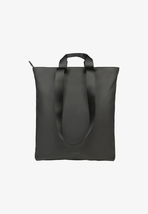 Borsa a tracolla nera con finitura liscia e opaca, dotata di due manici in tessuto texturizzato e una chiusura con zip nella parte superiore. Forma rettangolare piatta.