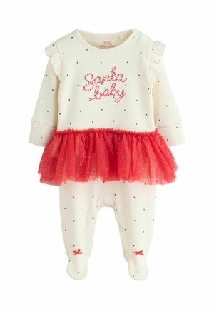 Cream-colored long-sleeve shirt with ruffle sleeves, featuring red striped "Santa baby" text and black heart patterns. Smooth texture.