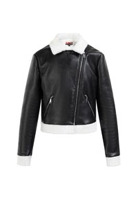 Sort læder cropped jakke med en hvid faux shearling krave og manchetter, der har to lynlåslommer foran og en asymmetrisk lynlås-lukning.