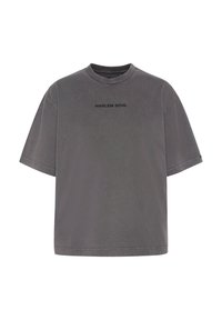 Graues, übergroßes T-Shirt aus Baumwolle mit Rundhalsausschnitt und kurzen Ärmeln. "HARLEM SOUL" in Schwarz über die Brust gedruckt.