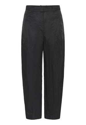 Pantaloni neri, rugosi, con una vestibilità rilassata. Realizzati in tessuto leggero, presentano una consistenza liscia e una vita standard.