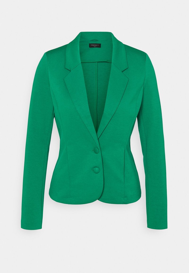 Blazer vert ajusté avec deux boutons, manches longues et col à revers cranté sur fond uni.