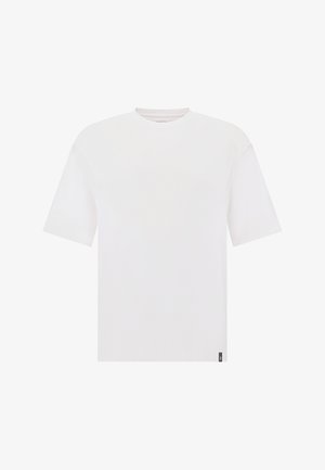 Witte t-shirt met korte mouwen en een ronde halslijn. Gemaakt van gladde stof, met een klein logo-label aan de onderkant links.