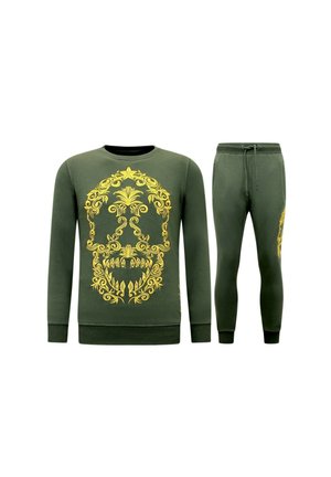Donkergroene sweatshirt en bijpassende joggingbroek met geel sierlijk schedelmotief aan de voorkant en zijkant van het been, geribbelde manchetten en een trekkoord in de taille.