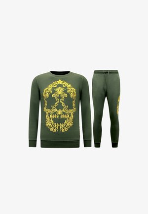 Donkergroene sweatshirt en bijpassende joggingbroek met geel sierlijk schedelmotief aan de voorkant en zijkant van het been, geribbelde manchetten en een trekkoord in de taille.