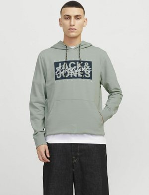 Light green hooded sweatshirt with a front pocket, featuring a graphic print in navy and white. Long sleeves with ribbed cuffs.