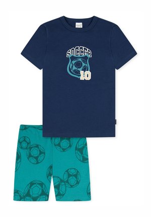 Marineblå bomulds t-shirt med et fodboldgrafik og nummer "10," parret med teal shorts med et fodboldmønster.