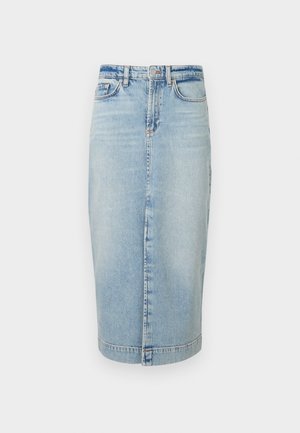 Lichtblauwe denim kokerrok met een knoopsluiting, zakken en verticale naden. Glad textuur, knielange ontwerp.