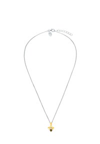 Collana con catena d'argento caratterizzata da un pendente a forma di ape dorata con strisce nere e un accento di pietra trasparente. Design semplice ed elegante.