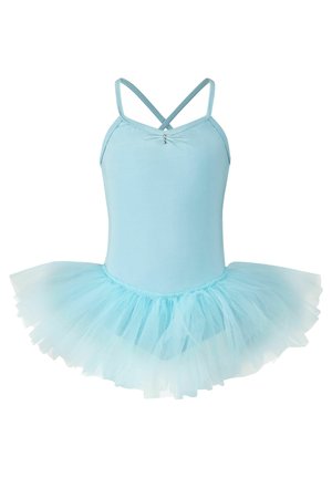 Helles blaues Ballettkleid mit gekreuzten Spaghettiträgern, einem engen Oberteil und einem mehrlagigen Tüllrock, der mit einem dekorativen Edelstein vorne verziert ist.